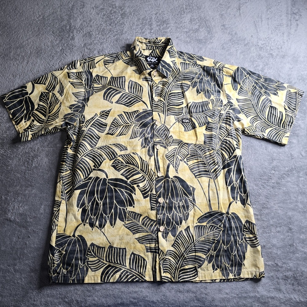 RIX Hawaiian Shirt Mens XL Black Yellow Leaves Banana Made In Hawaii S/S Resort